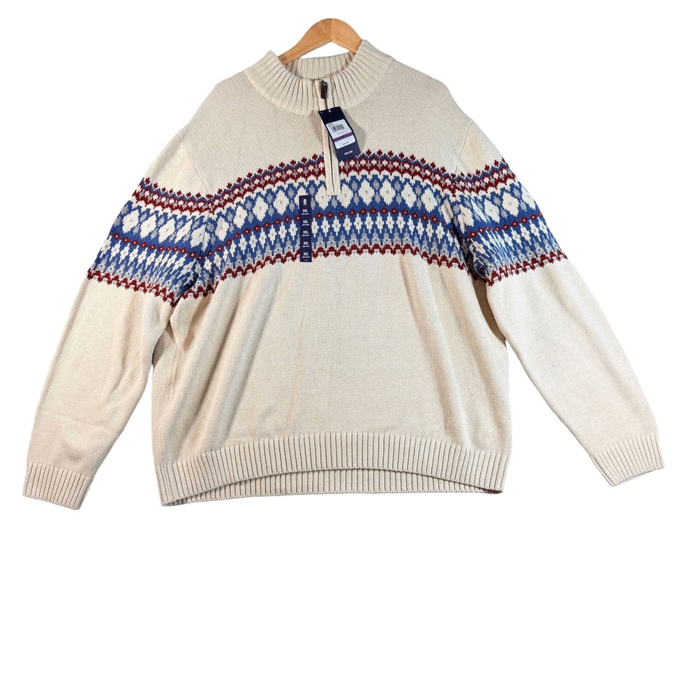 IZOD Fair Isle Quarter Zip Sweater Mens XXL Rock Heather Nordic Pullover NWT